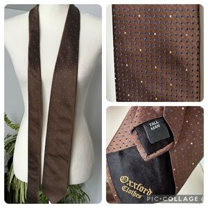 Oxford Clothes Tall Man Necktie Silk USA Made Brown w/ Blue & Cream Small Dots